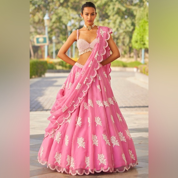 *PRE-SELL* Carnation Pink Patch Embroidered Organza Party Wear Lehenga - Picture 5 of 14